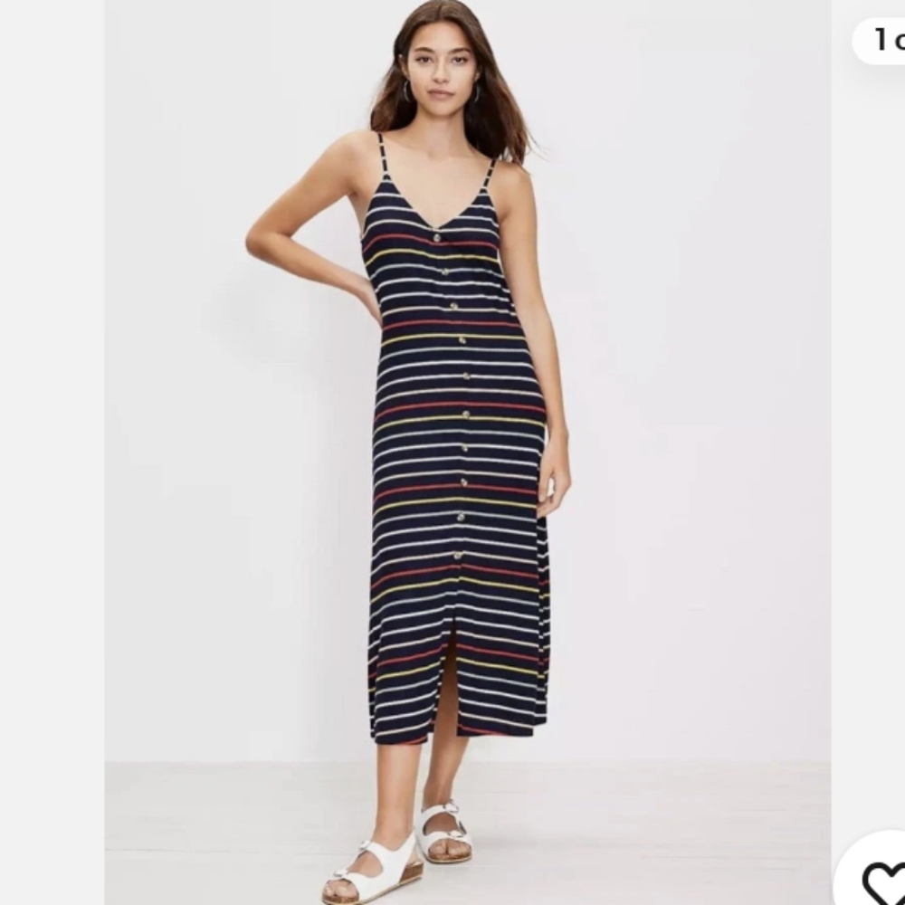 LOFT Navy with Rainbow Stripes Midi Button Front Dress Size XXS